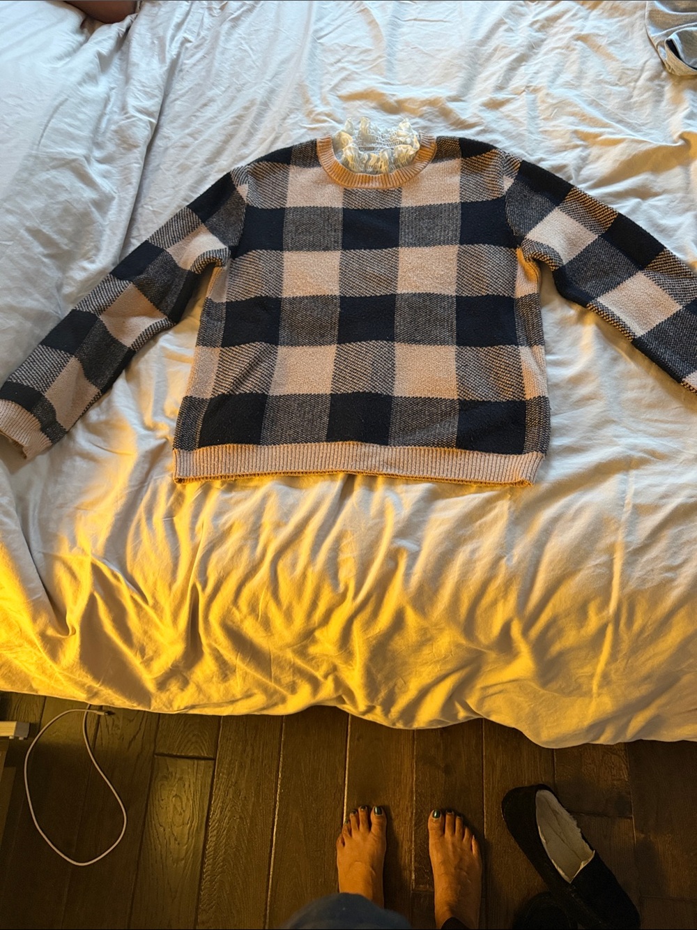 Checked Crewneck Sweater with Ruffle Neck in Black and Cream